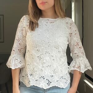 Rebecca Taylor Adriana White Floral Eyelet Blouse 8 Embroidered